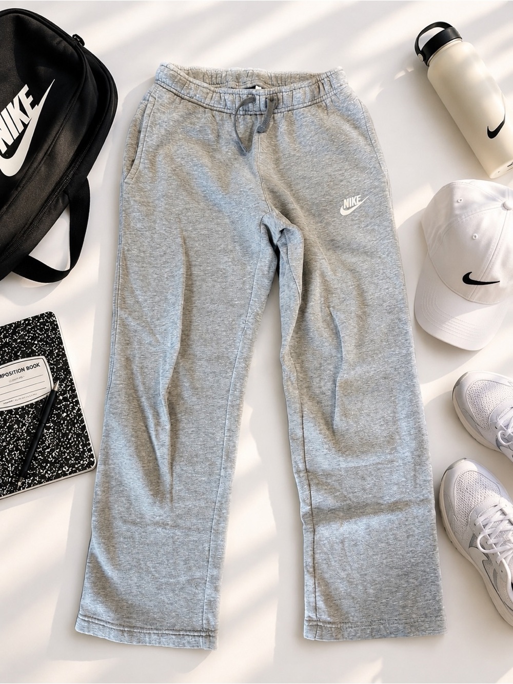 Nike Girls Gray Fleece Sweatpants Size Large Youth Wide Leg Drawstring Lounge